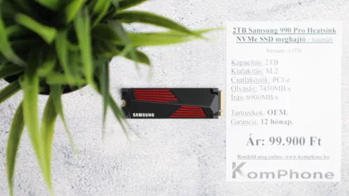 2TB Samsung 990 Pro Heatsink NVMe SSD meghajtó garanciával hibátlan működéssel - használt
