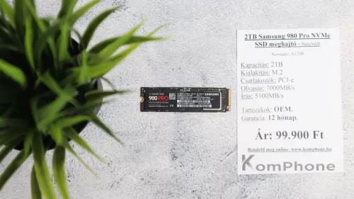 2TB Samsung 980 Pro NVMe SSD meghajtó garanciával hibátlan működéssel - használt