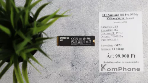 2TB Samsung 980 Pro NVMe SSD meghajtó garanciával hibátlan működéssel - használt
