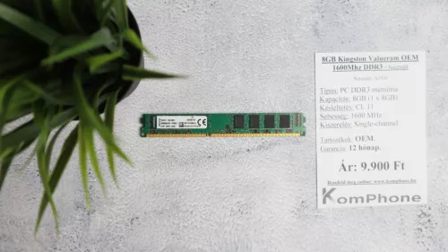 8GB Kingston Valueram OEM 1600Mhz DDR3 memória garanciával hibátlan működéssel - használt