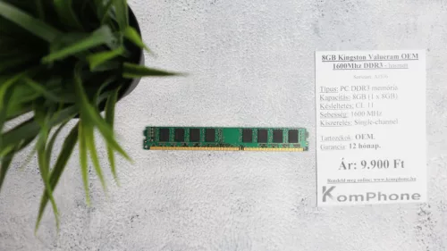 8GB Kingston Valueram OEM 1600Mhz DDR3 memória garanciával hibátlan működéssel - használt